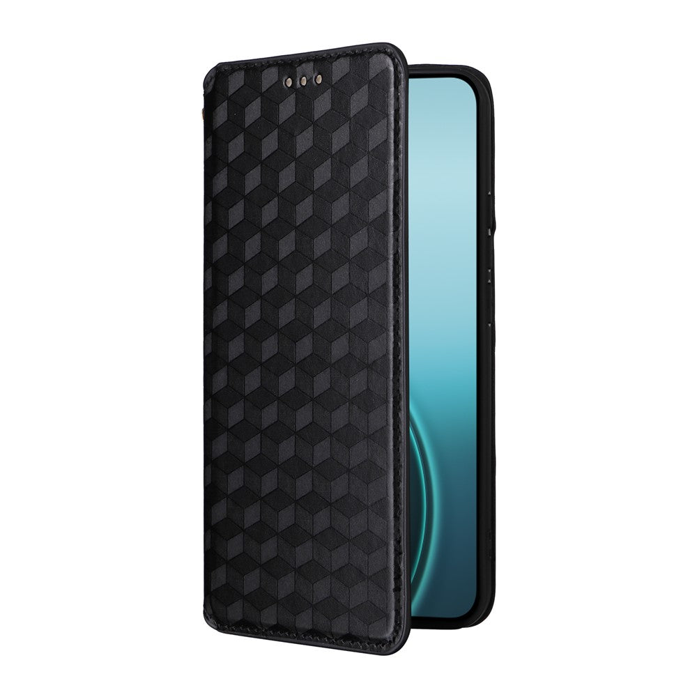 For Oppo Reno14 5G (Global) Case Wallet Rhombus Imprinted Leather Phone Cover - Black