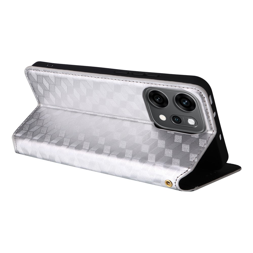 For Oppo Reno14 5G (Global) Case Wallet Rhombus Imprinted Leather Phone Cover - Silver