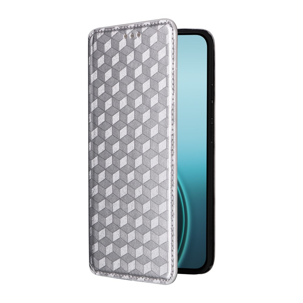 For Oppo Reno14 5G (Global) Case Wallet Rhombus Imprinted Leather Phone Cover - Silver