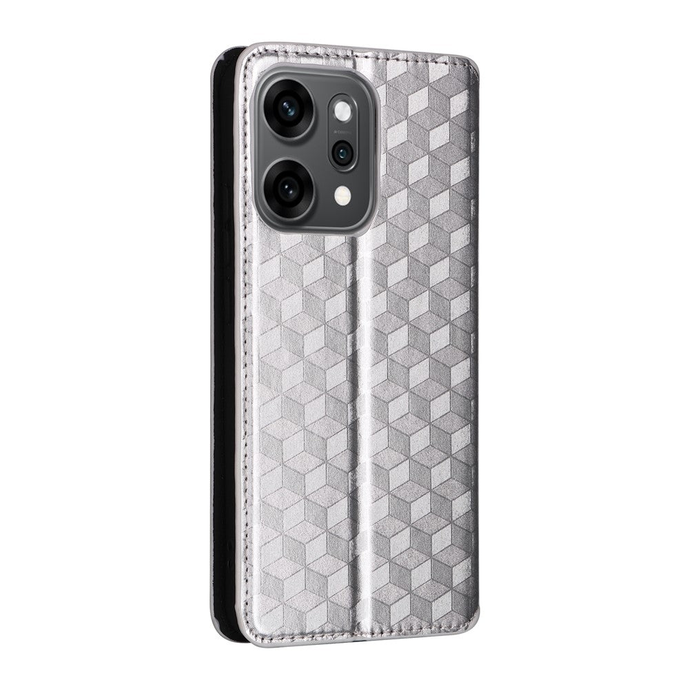For Oppo Reno14 5G (Global) Case Wallet Rhombus Imprinted Leather Phone Cover - Silver