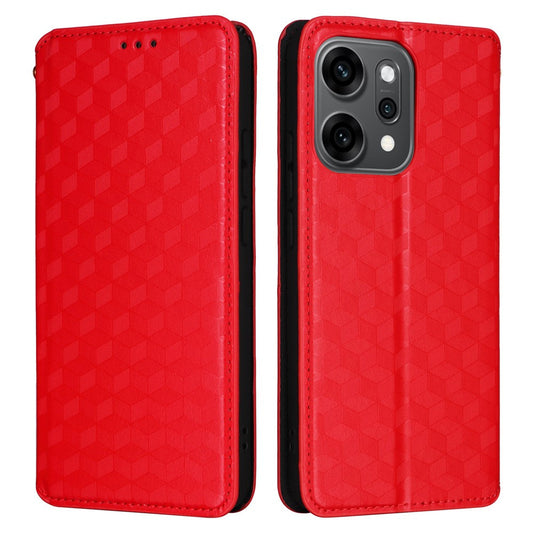 For Oppo Reno14 5G (Global) Case Wallet Rhombus Imprinted Leather Phone Cover - Red