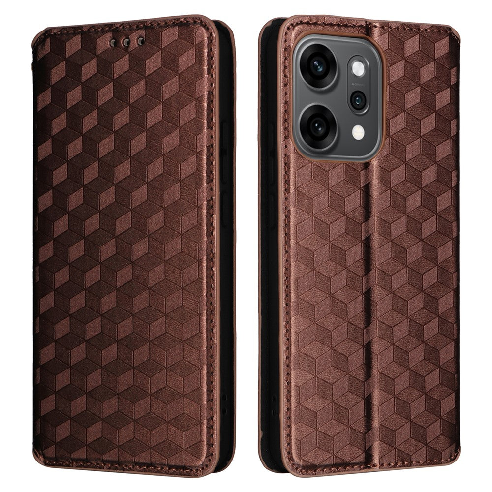 For Oppo Reno14 5G (Global) Case Wallet Rhombus Imprinted Leather Phone Cover - Brown