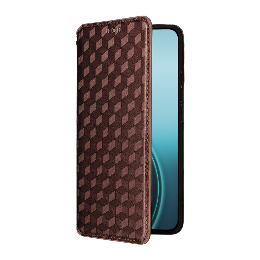 For Oppo Reno14 5G (Global) Case Wallet Rhombus Imprinted Leather Phone Cover - Brown