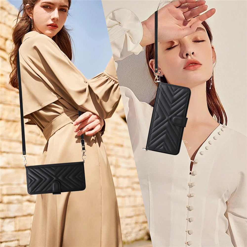 For Oppo Reno14 Pro 5G (Global) Case with Shoulder / Wrist Strap Leather Phone Cover Stand Wallet - Black