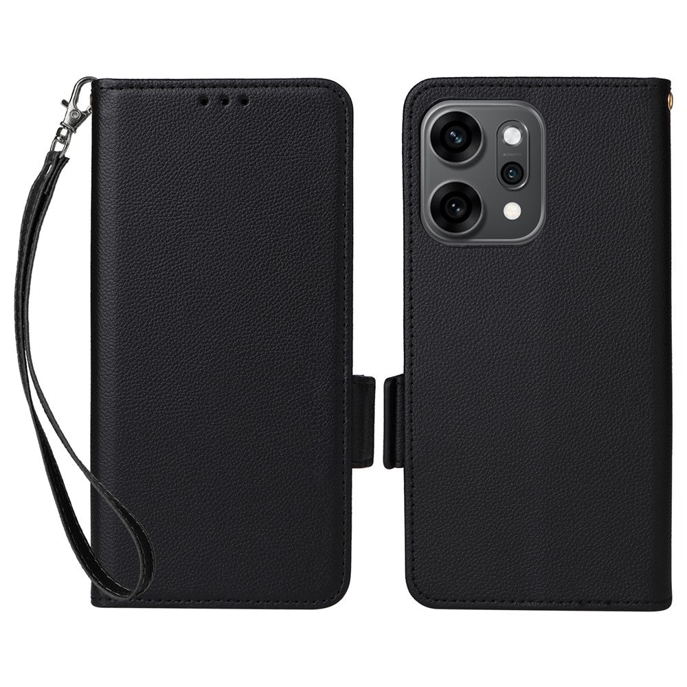 For Oppo Reno14 Pro 5G (Global) Case with Wrist Strap Litchi Texture PU Leather Wallet Phone Cover - Black