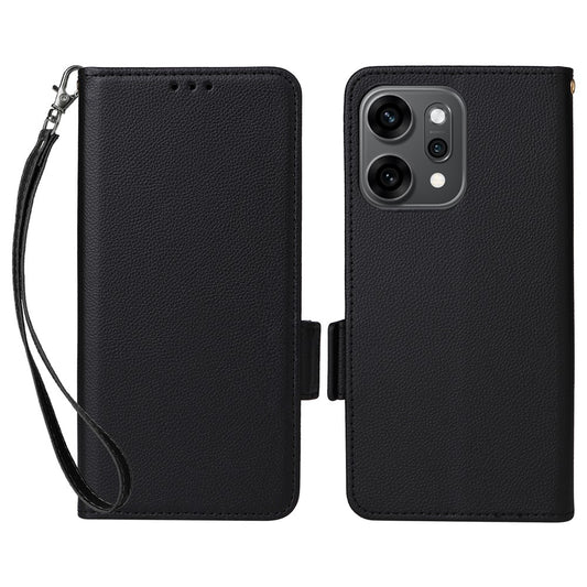 For Oppo Reno14 Pro 5G (Global) Case with Wrist Strap Litchi Texture PU Leather Wallet Phone Cover - Black