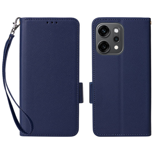 For Oppo Reno14 Pro 5G (Global) Case with Wrist Strap Litchi Texture PU Leather Wallet Phone Cover - Dark Blue