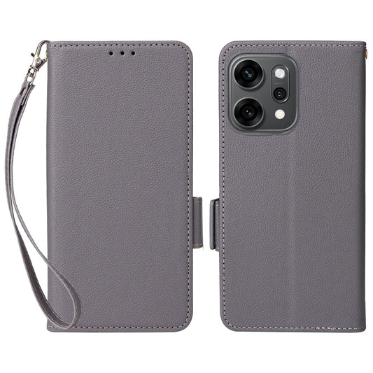 For Oppo Reno14 Pro 5G (Global) Case with Wrist Strap Litchi Texture PU Leather Wallet Phone Cover - Grey