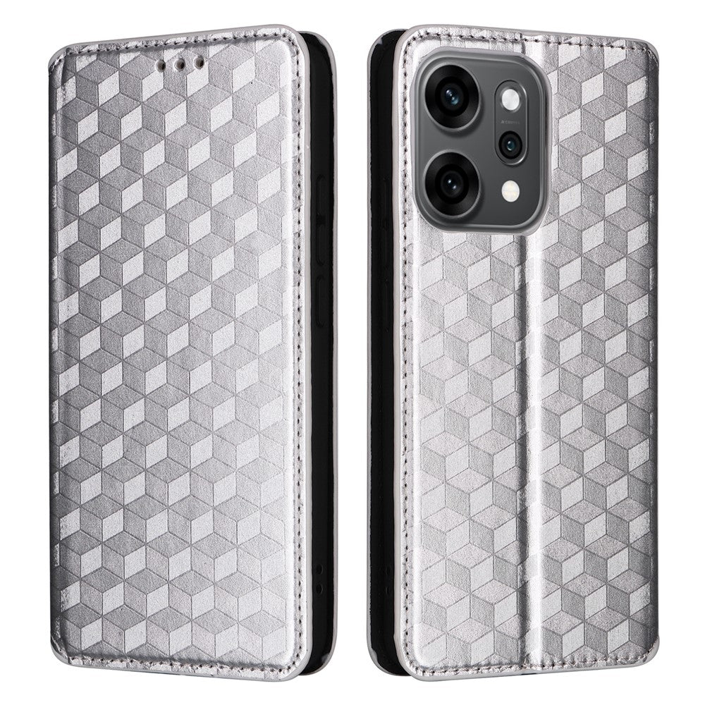 For Oppo Reno14 Pro 5G (Global) Case Wallet Rhombus Imprinted Leather Phone Cover - Silver