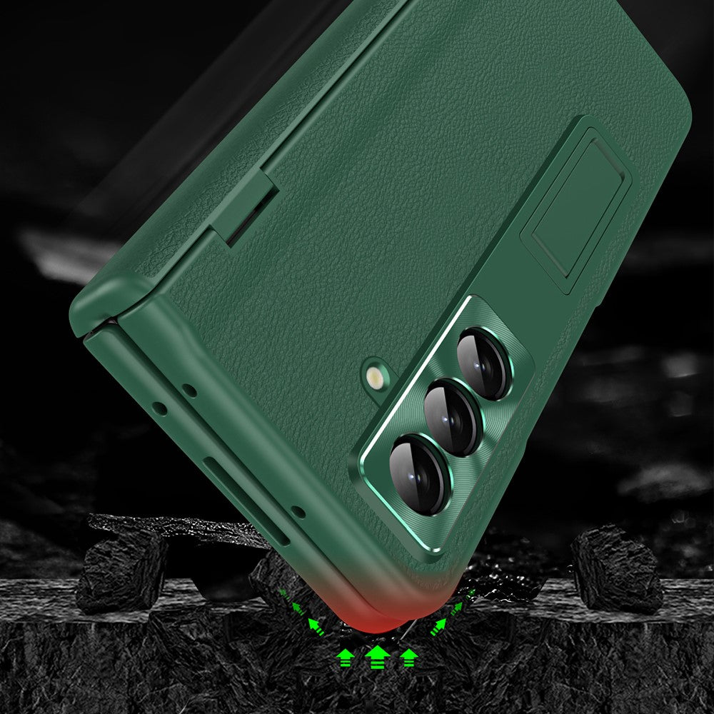 For Samsung Galaxy Z Fold7 5G Case with Tempered Glass Film Kickstand PC  + PU Leather Folding Phone Cover - Green