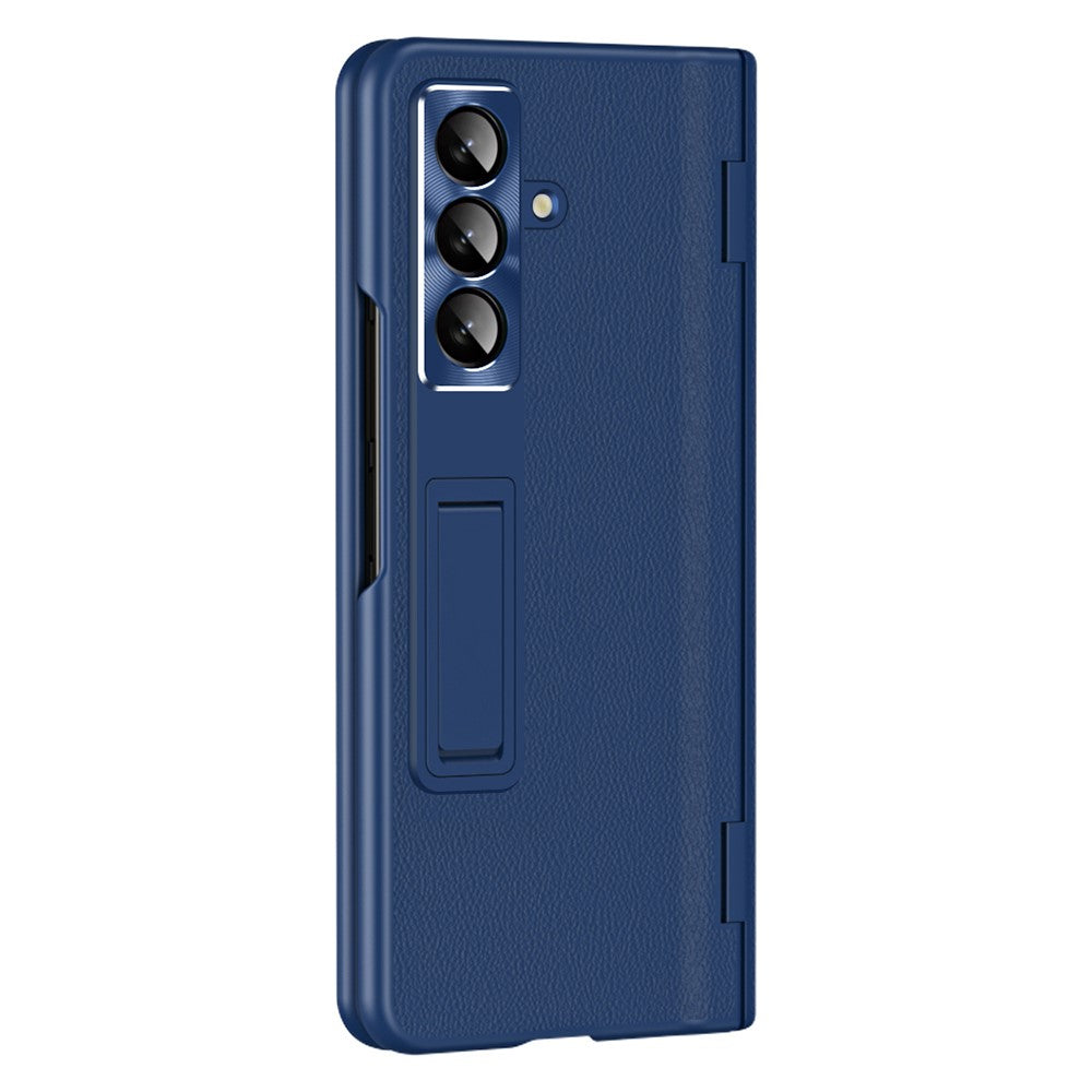 For Samsung Galaxy Z Fold7 5G Case with Tempered Glass Film Kickstand PC  + PU Leather Folding Phone Cover - Sapphire