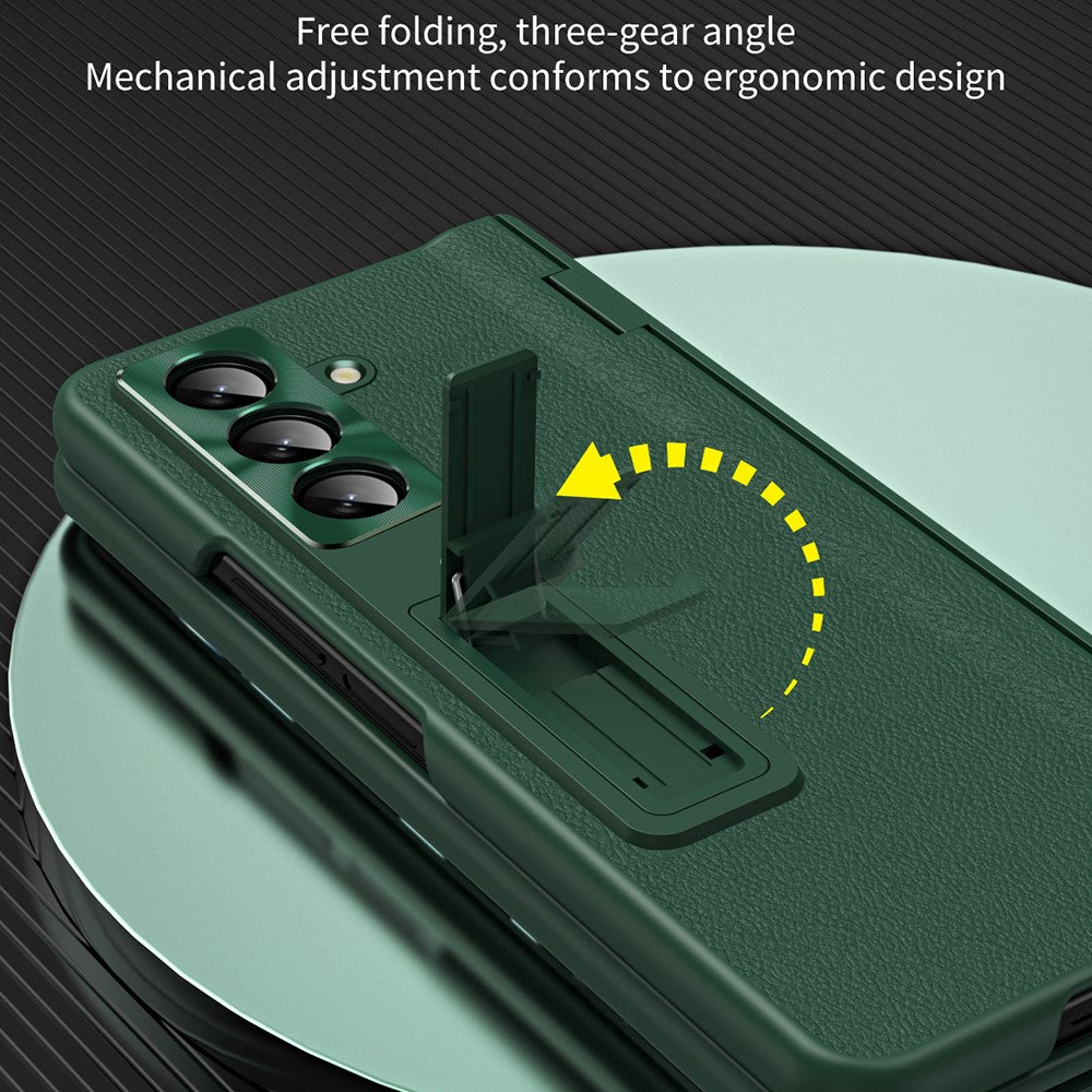 For Samsung Galaxy Z Fold7 5G Case with Tempered Glass Film Kickstand PC  + PU Leather Folding Phone Cover - Sapphire