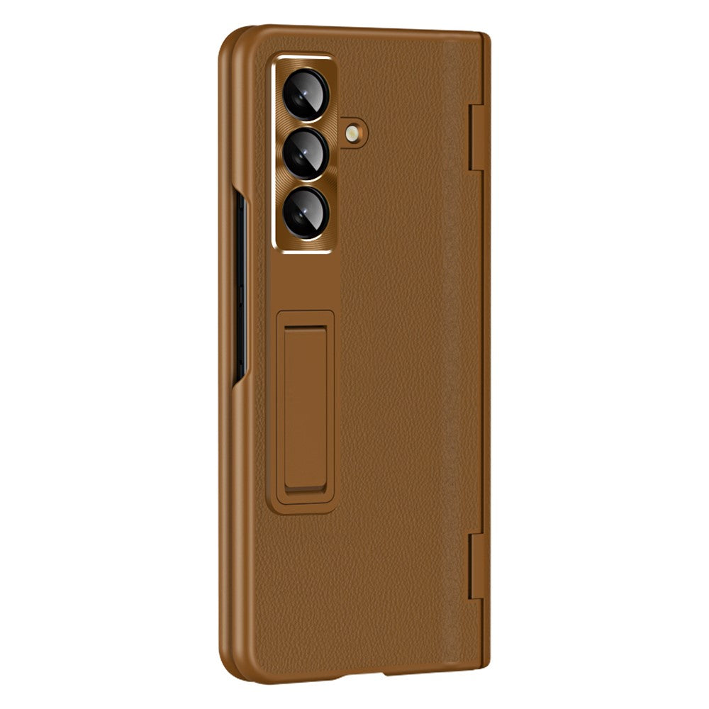 For Samsung Galaxy Z Fold7 5G Case with Tempered Glass Film Kickstand PC  + PU Leather Folding Phone Cover - Brown