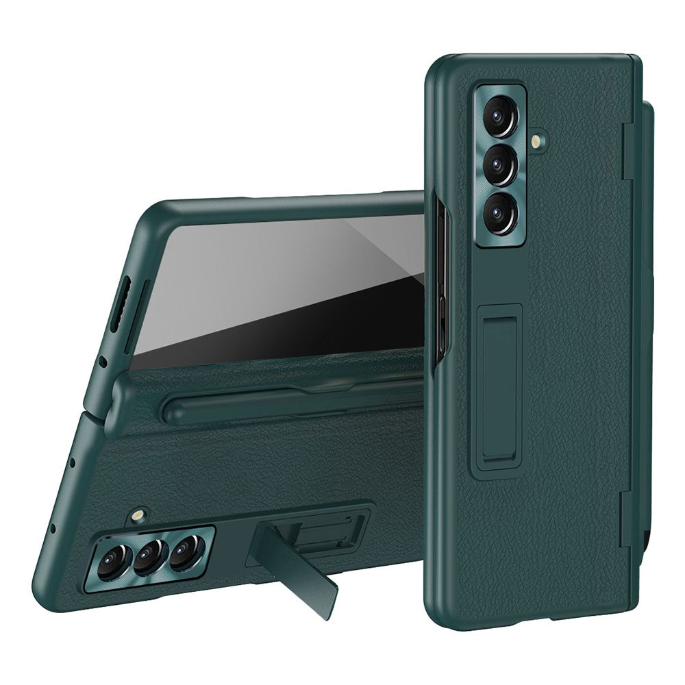 For Samsung Galaxy Z Fold7 5G Case Kickstand PC + PU Leather Folding Phone Cover with Screen Protector and Stylus - Green