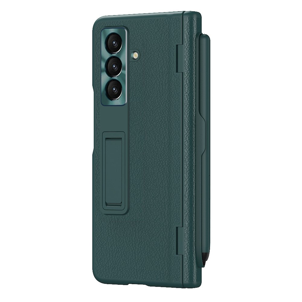 For Samsung Galaxy Z Fold7 5G Case Kickstand PC + PU Leather Folding Phone Cover with Screen Protector and Stylus - Green