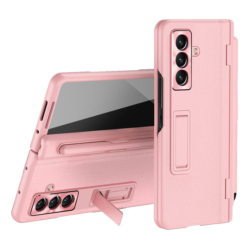 For Samsung Galaxy Z Fold7 5G Case Kickstand PC + PU Leather Folding Phone Cover with Screen Protector and Stylus - Pink