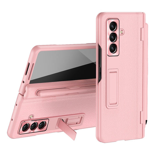 For Samsung Galaxy Z Fold7 5G Case Kickstand PC + PU Leather Folding Phone Cover with Screen Protector and Stylus - Pink
