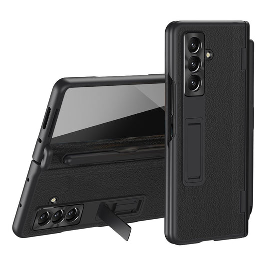 For Samsung Galaxy Z Fold7 5G Case Kickstand PC + PU Leather Folding Phone Cover with Screen Protector and Stylus - Black