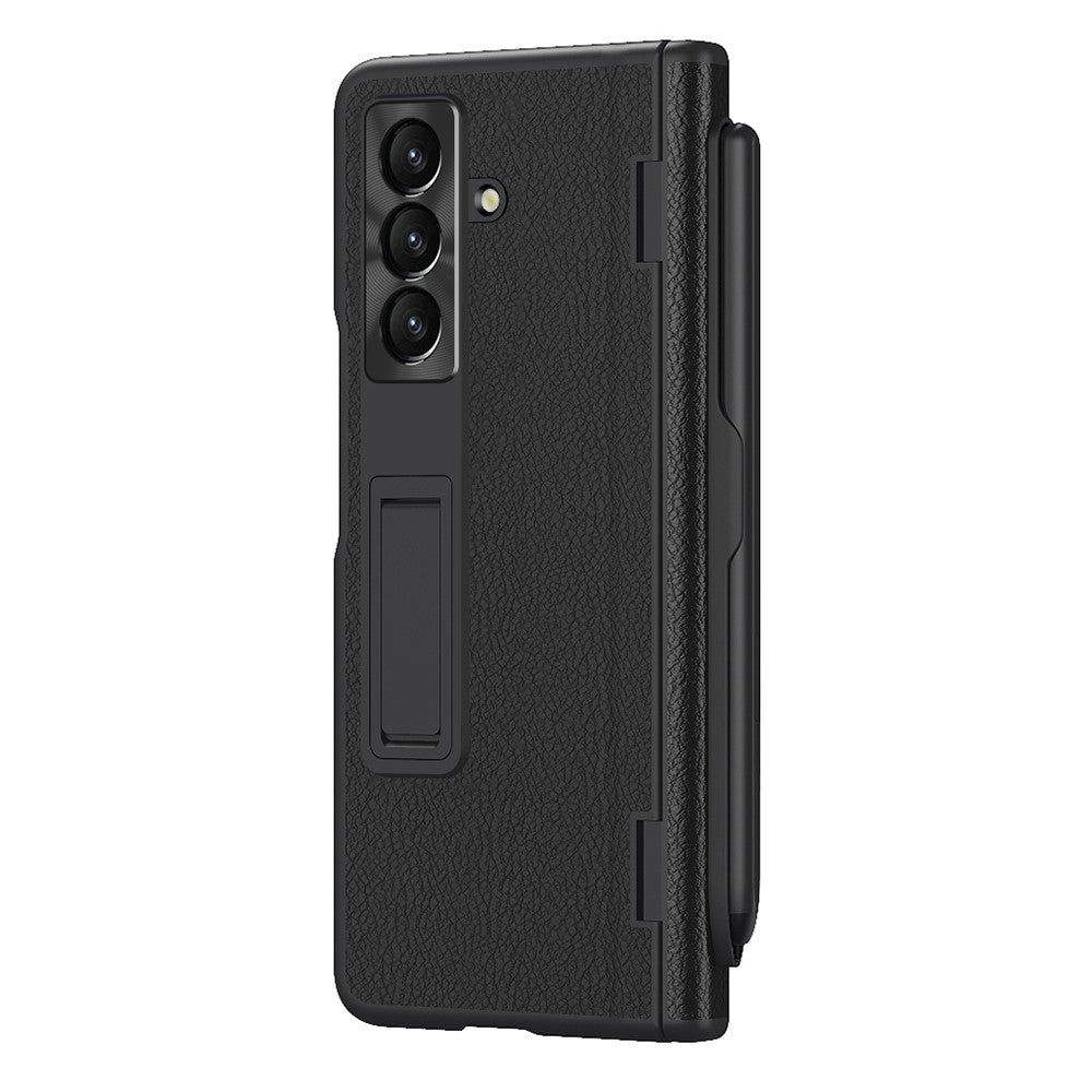 For Samsung Galaxy Z Fold7 5G Case Kickstand PC + PU Leather Folding Phone Cover with Screen Protector and Stylus - Black