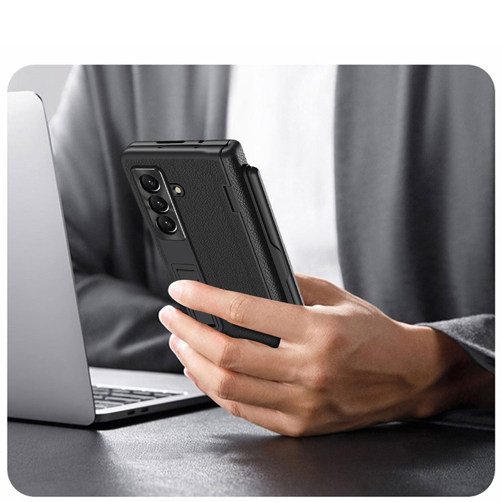 For Samsung Galaxy Z Fold7 5G Case Kickstand PC + PU Leather Folding Phone Cover with Screen Protector and Stylus - Black