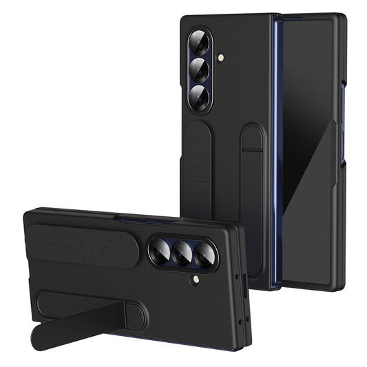 For Samsung Galaxy Z Fold7 5G Case with Tempered Glass Film Kickstand Wristband PC + Silicone Phone Cover - Black