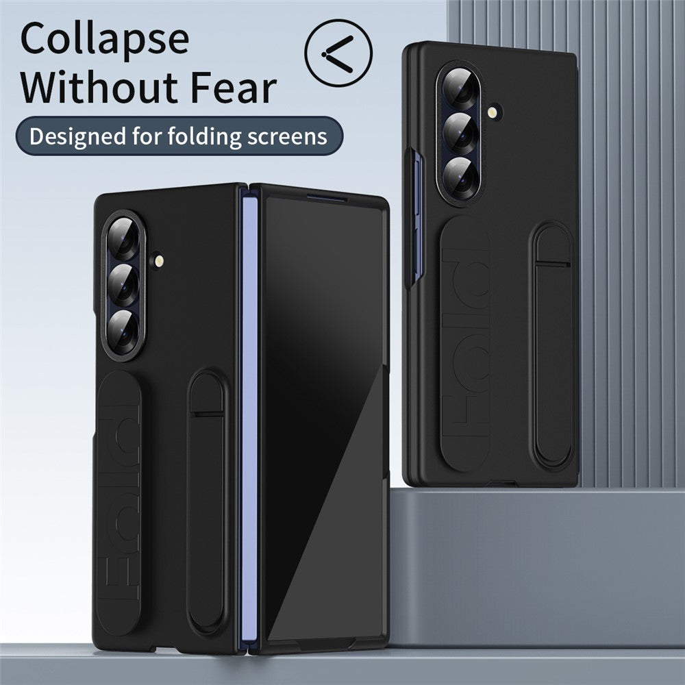 For Samsung Galaxy Z Fold7 5G Case with Tempered Glass Film Kickstand Wristband PC + Silicone Phone Cover - Black