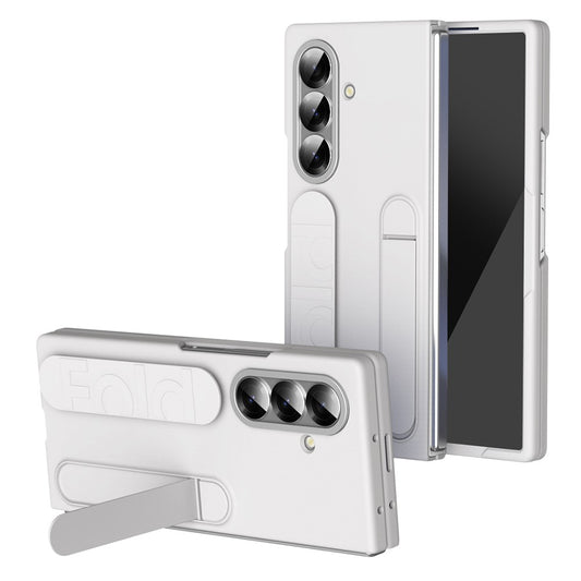 For Samsung Galaxy Z Fold7 5G Case with Tempered Glass Film Kickstand Wristband PC + Silicone Phone Cover - White