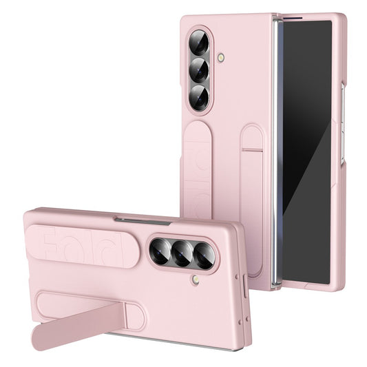 For Samsung Galaxy Z Fold7 5G Case with Tempered Glass Film Kickstand Wristband PC + Silicone Phone Cover - Pink