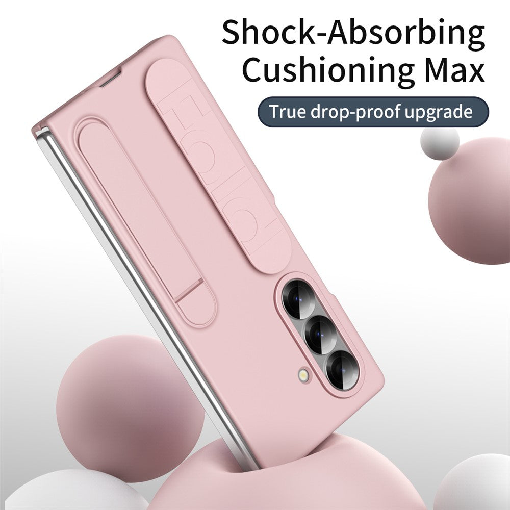 For Samsung Galaxy Z Fold7 5G Case with Tempered Glass Film Kickstand Wristband PC + Silicone Phone Cover - Pink