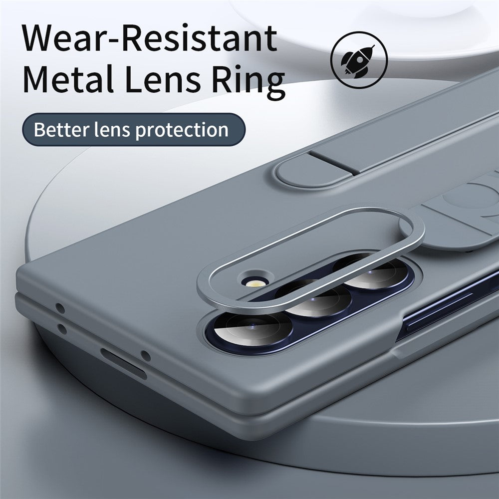 For Samsung Galaxy Z Fold7 5G Case with Tempered Glass Film Kickstand Wristband PC + Silicone Phone Cover - Grey
