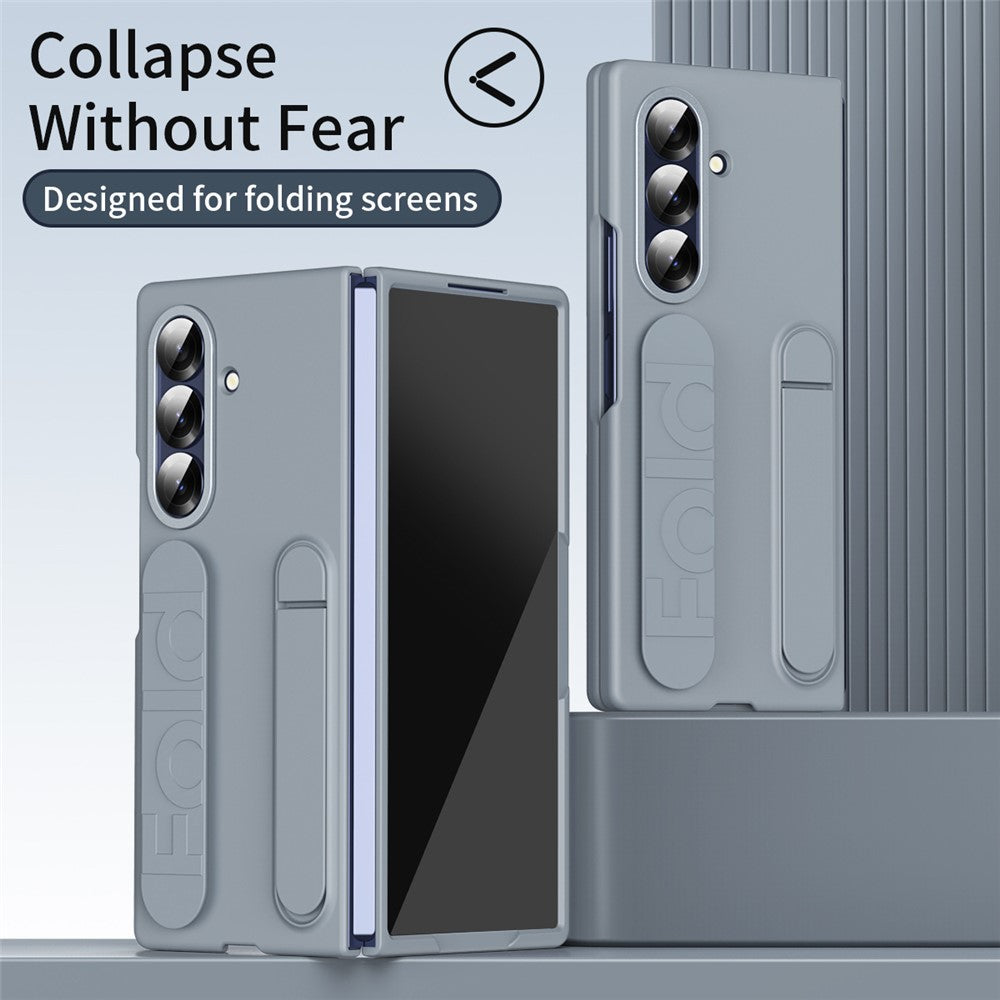 For Samsung Galaxy Z Fold7 5G Case with Tempered Glass Film Kickstand Wristband PC + Silicone Phone Cover - Grey