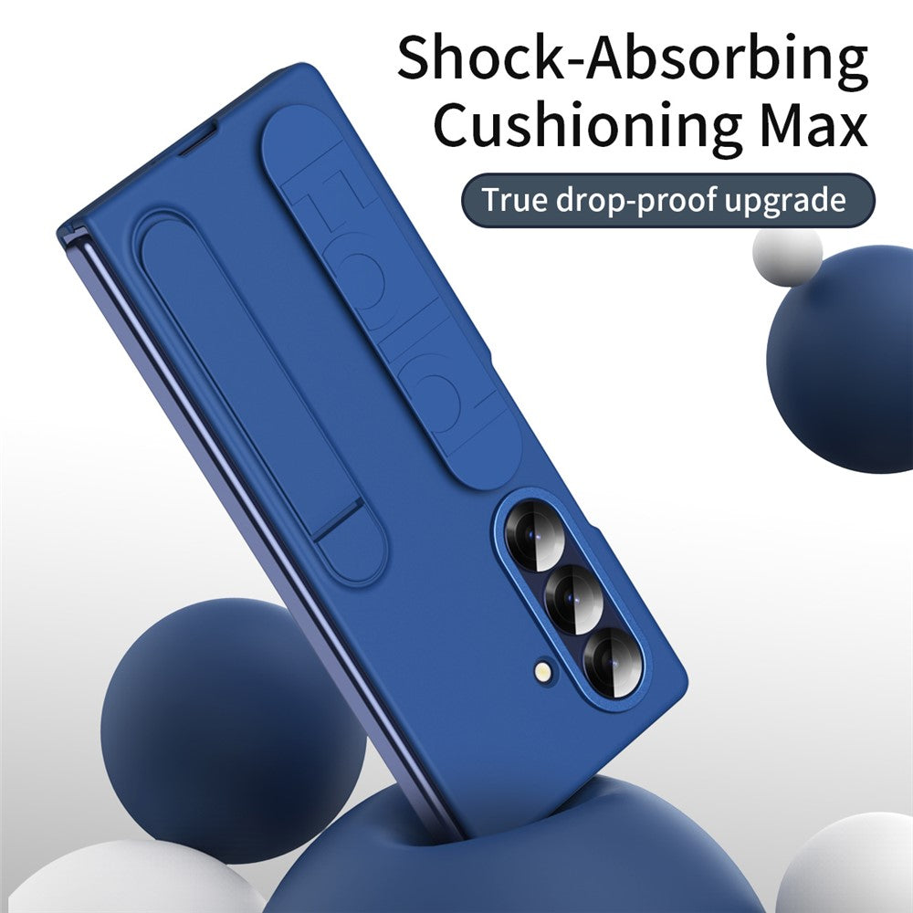 For Samsung Galaxy Z Fold7 5G Case with Tempered Glass Film Kickstand Wristband PC + Silicone Phone Cover - Blue