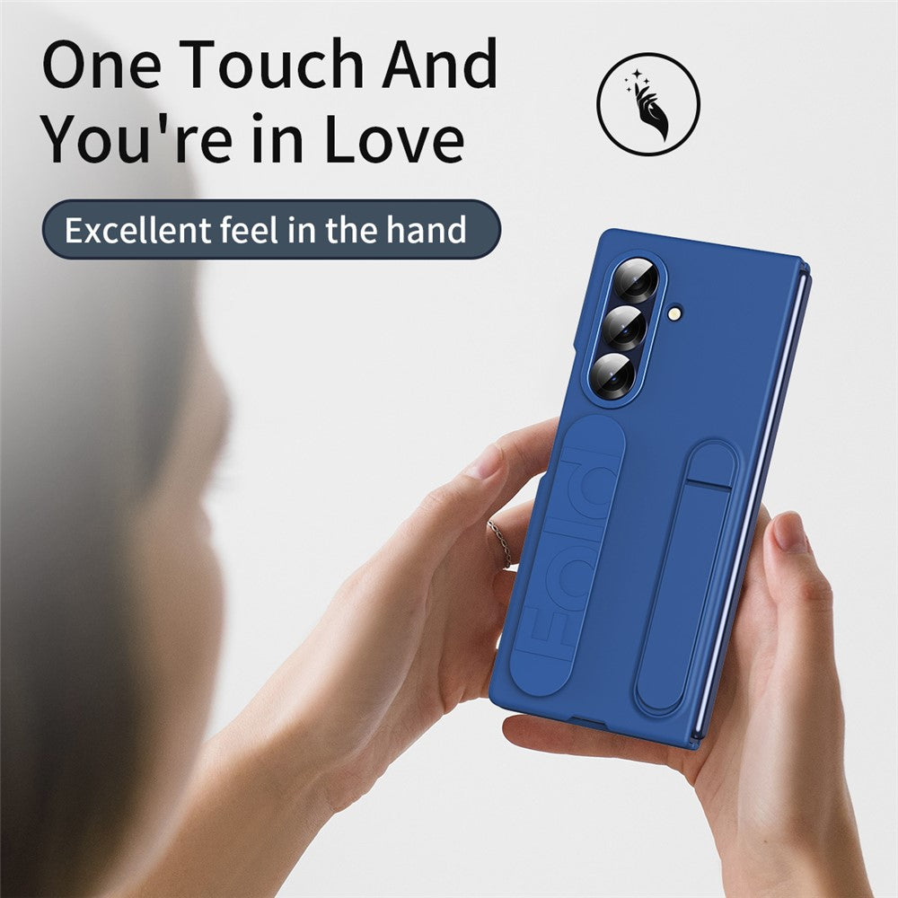 For Samsung Galaxy Z Fold7 5G Case with Tempered Glass Film Kickstand Wristband PC + Silicone Phone Cover - Blue