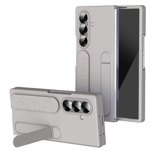 For Samsung Galaxy Z Fold7 5G Case with Tempered Glass Film Kickstand Wristband PC + Silicone Phone Cover - Titanium Gold