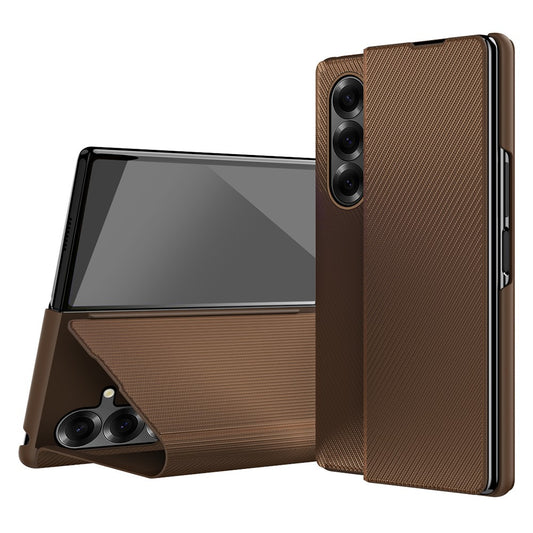 For Samsung Galaxy Z Fold7 5G Case Kevlar Texture Leather + PC Stand Phone Cover - Brown