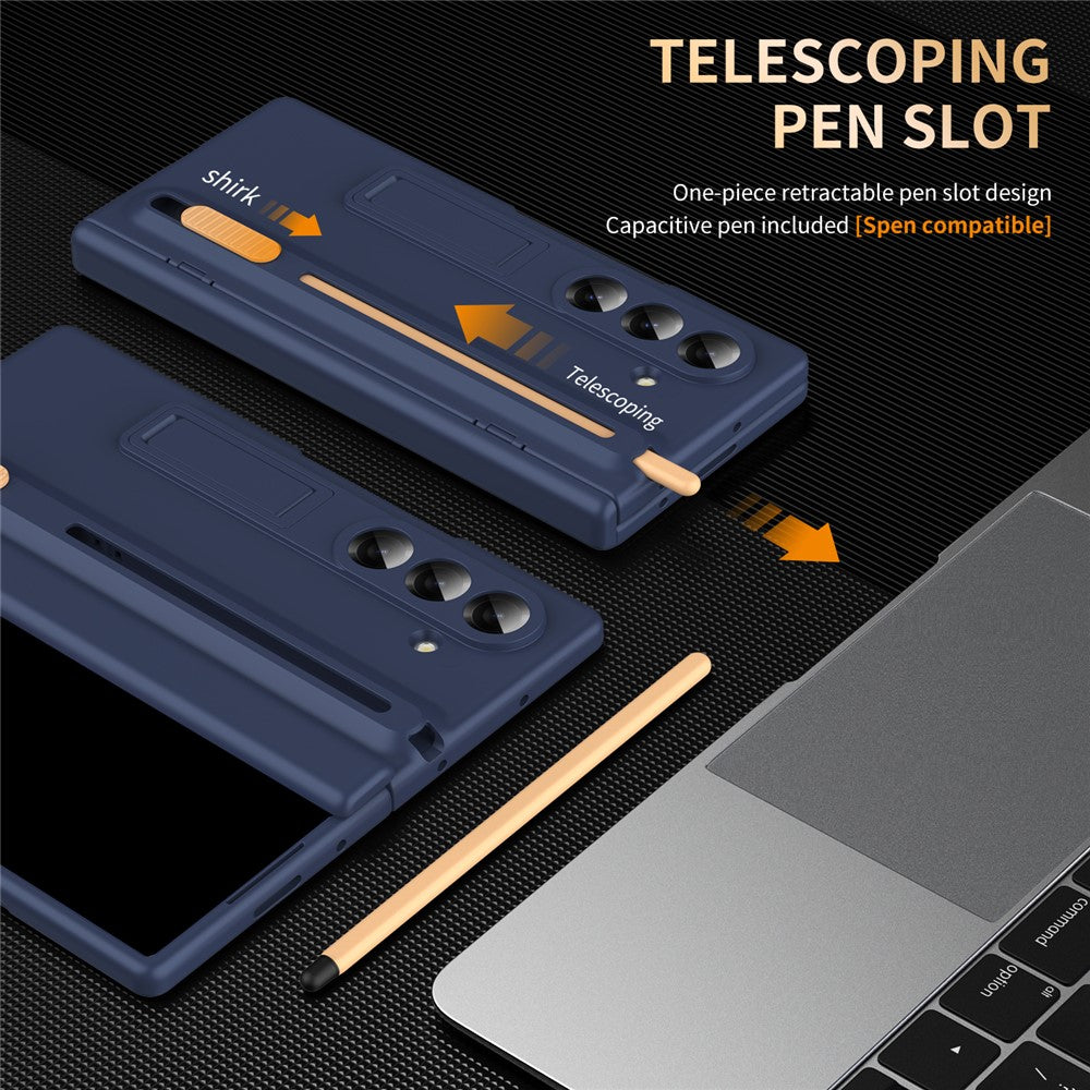 For Samsung Galaxy Z Fold7 5G Kickstand Phone Case with Tempered Glass Screen Protector and Stylus Pen - Sapphire