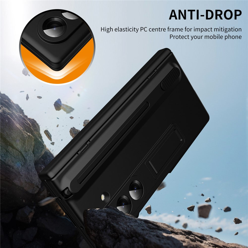 For Samsung Galaxy Z Fold7 5G Kickstand Phone Case with Tempered Glass Screen Protector and Stylus Pen - Black