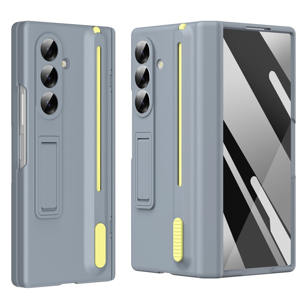 For Samsung Galaxy Z Fold7 5G Kickstand Phone Case with Tempered Glass Screen Protector and Stylus Pen - Grey