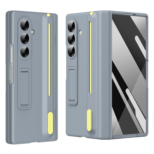 For Samsung Galaxy Z Fold7 5G Kickstand Phone Case with Tempered Glass Screen Protector and Stylus Pen - Grey