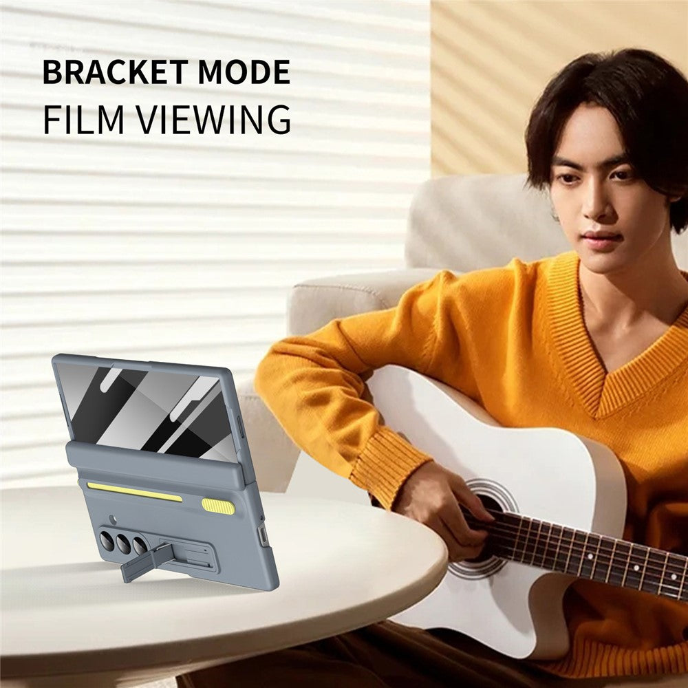 For Samsung Galaxy Z Fold7 5G Kickstand Phone Case with Tempered Glass Screen Protector and Stylus Pen - Grey