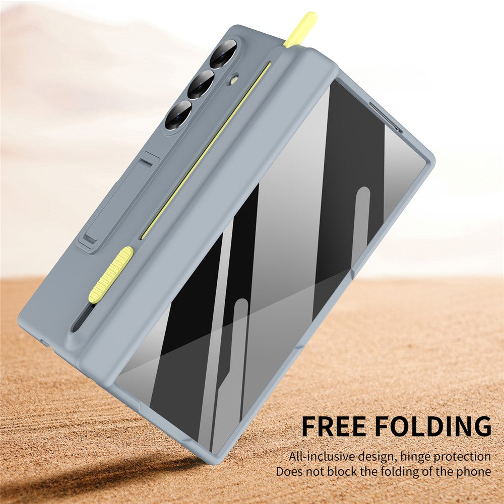 For Samsung Galaxy Z Fold7 5G Kickstand Phone Case with Tempered Glass Screen Protector and Stylus Pen - Grey