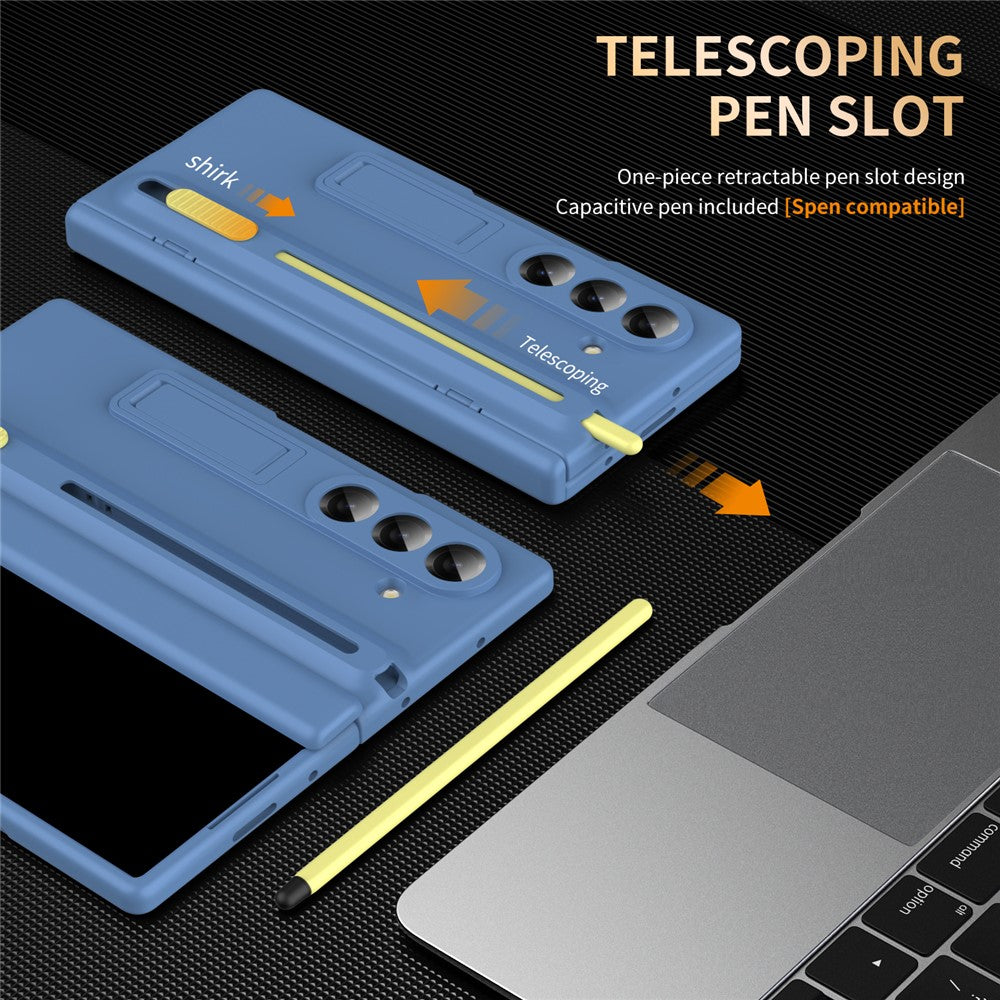 For Samsung Galaxy Z Fold7 5G Kickstand Phone Case with Tempered Glass Screen Protector and Stylus Pen - Sky Blue