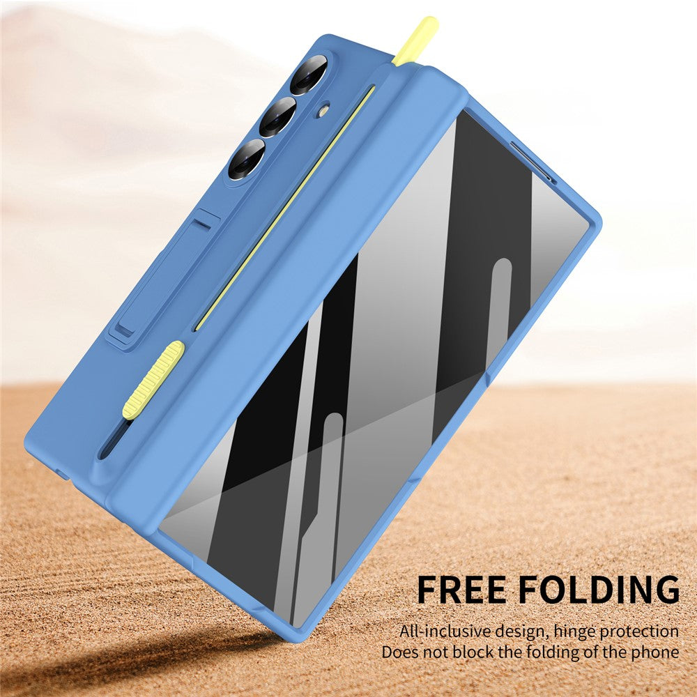 For Samsung Galaxy Z Fold7 5G Kickstand Phone Case with Tempered Glass Screen Protector and Stylus Pen - Sky Blue