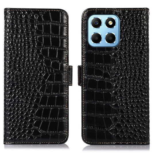 For Honor X8 5G RFID Blocking Wallet Phone Case Crocodile Texture Genuine Cowhide Leather Stand Magnetic Protect Flip Cover - Black