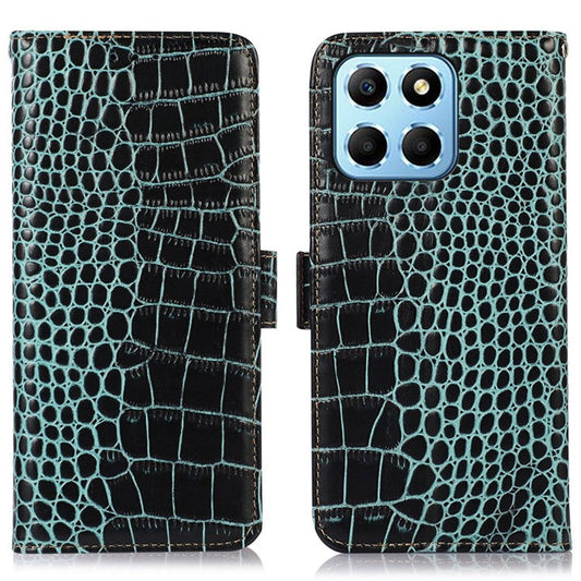 For Honor X8 5G RFID Blocking Wallet Phone Case Crocodile Texture Genuine Cowhide Leather Stand Magnetic Protect Flip Cover - Green