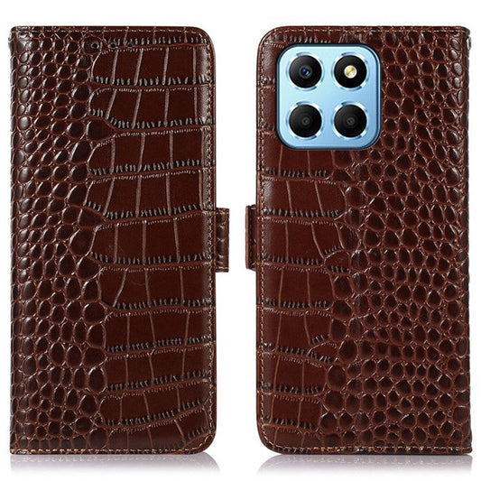 For Honor X8 5G RFID Blocking Wallet Phone Case Crocodile Texture Genuine Cowhide Leather Stand Magnetic Protect Flip Cover - Brown