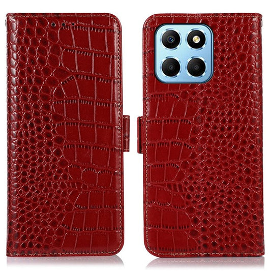 For Honor X8 5G RFID Blocking Wallet Phone Case Crocodile Texture Genuine Cowhide Leather Stand Magnetic Protect Flip Cover - Red