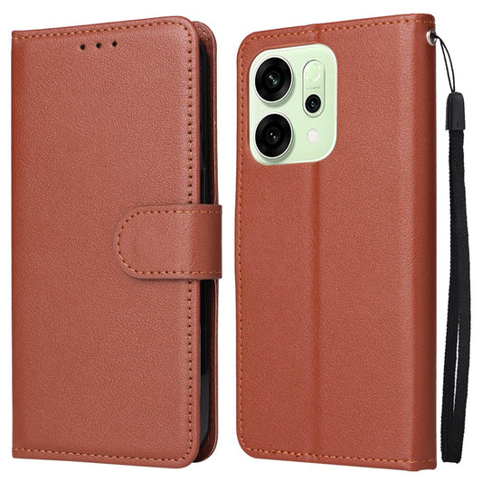 For Oppo Reno14 5G (Global) Case Wallet Stand View PU Leather Phone Cover with Wrist Strap - Brown