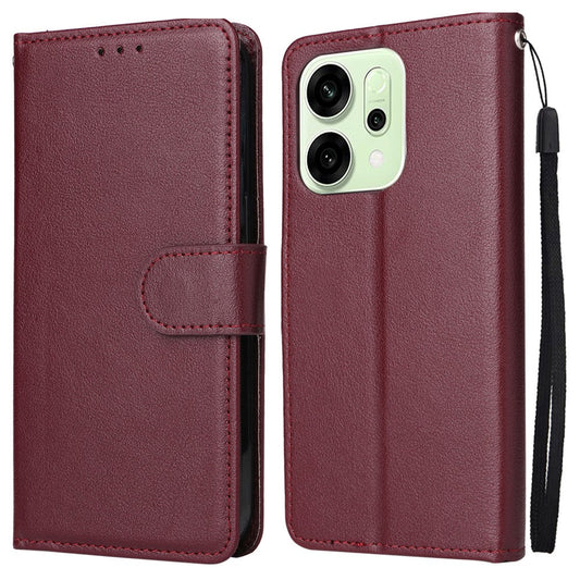 For Oppo Reno14 5G (Global) Case Wallet Stand View PU Leather Phone Cover with Wrist Strap - Wine Red