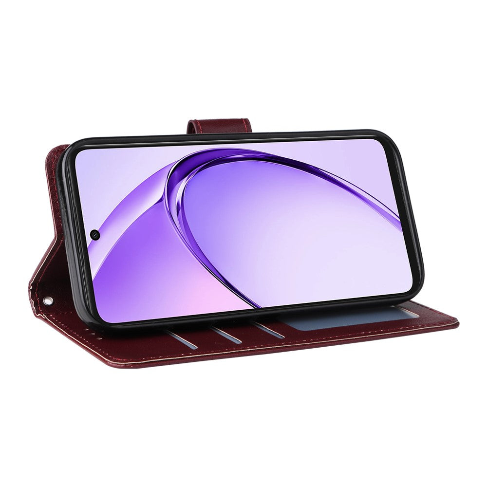 For Oppo Reno14 5G (Global) Case Wallet Stand View PU Leather Phone Cover with Wrist Strap - Wine Red